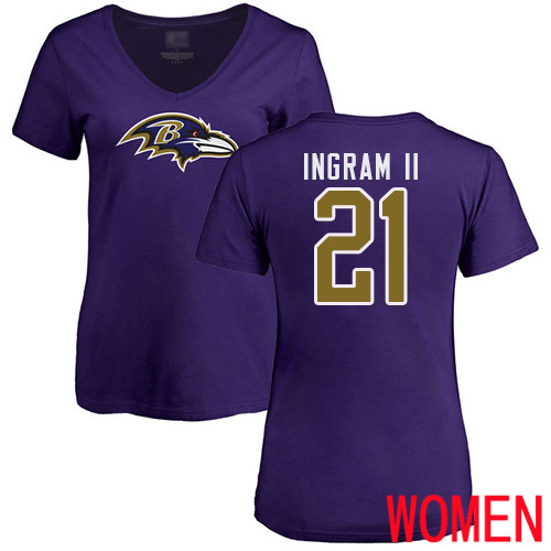 Baltimore Ravens Purple Women Mark Ingram II Name and Number Logo NFL Football #21 T Shirt->nfl t-shirts->Sports Accessory